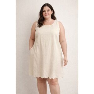 J.Crew Linen Cotton Shift Dress 16/XL Scalloped Hem Tan‎ Vacation Coastal Resort